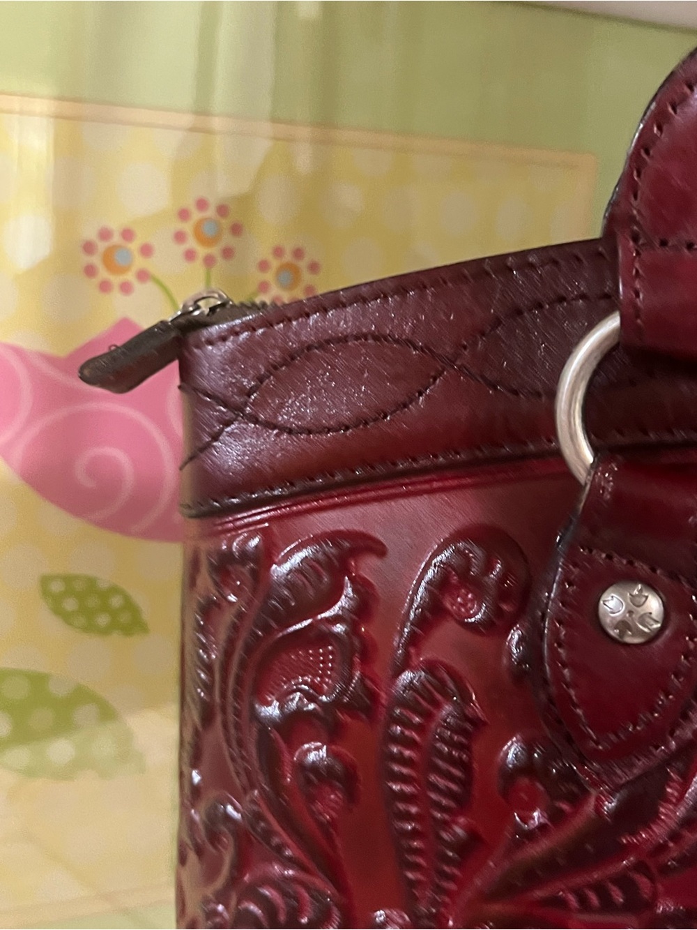 Patricia Nash Burgundy Tooled Plum Leather Shoulder Bag - Picture 6 of 11